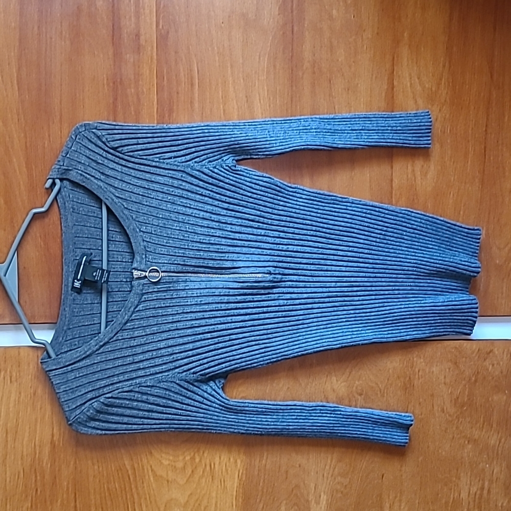 INC Women's sweater zip front Charcoal grey 3/4 sleeve crew neck